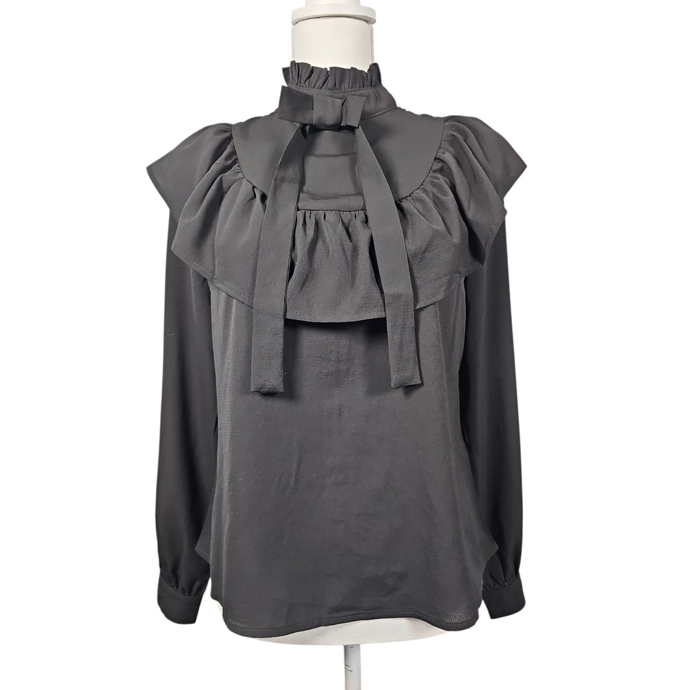 Sace Blouse Ruffle High Neck Front Bow Tie Long Sleeve Black Women M